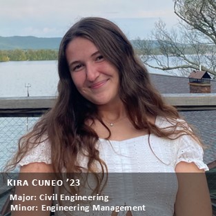OUR Peer Research Ambassador Kira Cuneo '23, Major: Civil Engineering; Minor: Engineering Management.