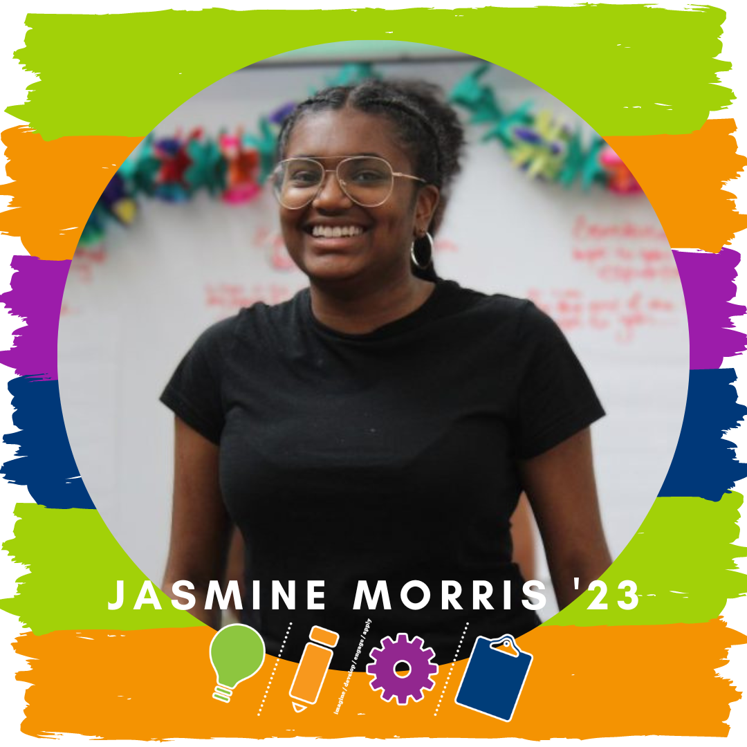 A portrait of a smiling Black woman in a classroom sits on a colorful background of lime green, orange, purple, and navy stripes. Text reads, "Jasmine Morris '23" above the UConn IDEA Grant logo.