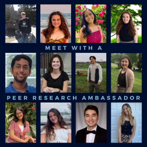 A grid of 12 portraits of smiling undergraduate students also includes the text, "Meet with a Peer Research Ambassador!"