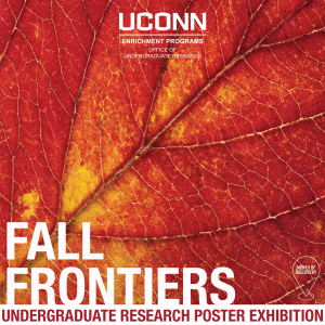Over a close-up photo of a red and yellow leaf, text reads, Fall Frontiers Undergraduate Research Poster Exhibition. The UConn Office of Undergraduate Research wordmark and the Month of Discovery map pin logo are also included.