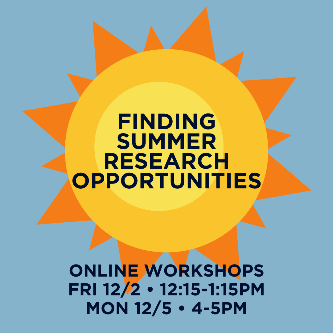 A graphic of a sun sits atop a light blue background. Text reads, Finding Summer Research Opportunities. Online Workshops: Fri 12/2, 12:15-1:15pm; Mon 12/5, 4-5pm