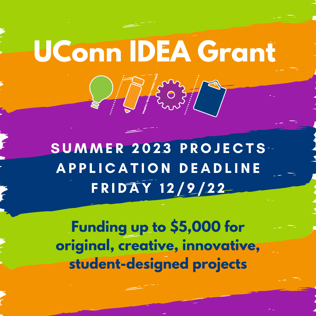 Diagonal, painted lime green, orange, purple, and navy stripes make up a colorful background. Text reads, UConn IDEA Grant Summer 2023 Projects - Application Deadline - Friday 12/9/22. Funding up to $5,000 for original, creative, innovative, student-designed projects.