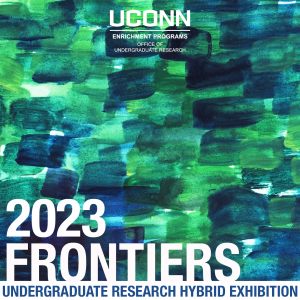 Over a watercolor background of overlapping green and blue brushstrokes, the UConn OUR wordmark is centered. Below, text reads, 2023 Frontiers Undergraduate Research Hybrid Exhibition.