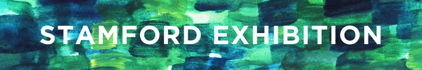 Over a watercolor background of overlapping green and blue brushstrokes, text reads Stamford Exhibition.