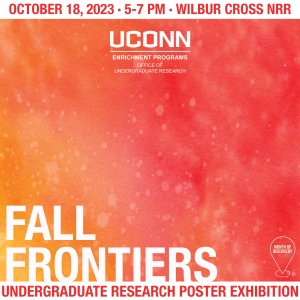 Over a speckled red and orange watercolor background, text reads, Fall Frontiers Undergraduate Research Poster Exhibition, October 18, 2023, 5-7pm, Wilbur Cross North Reading Room.