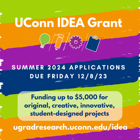 UConn IDEA Grant Summer 2024 Applications Due 12/8/23 - ugradresearch.uconn.edu/idea.